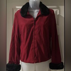 Women's Lennie for Nina Leonard Jacket Red Black Medium Lined Zip Up w/ Faux Fur